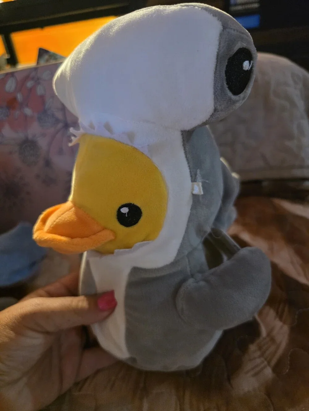 Plush Duck-in-Shark Costume Soft Small Pet Toy - Gray, White, Yellow